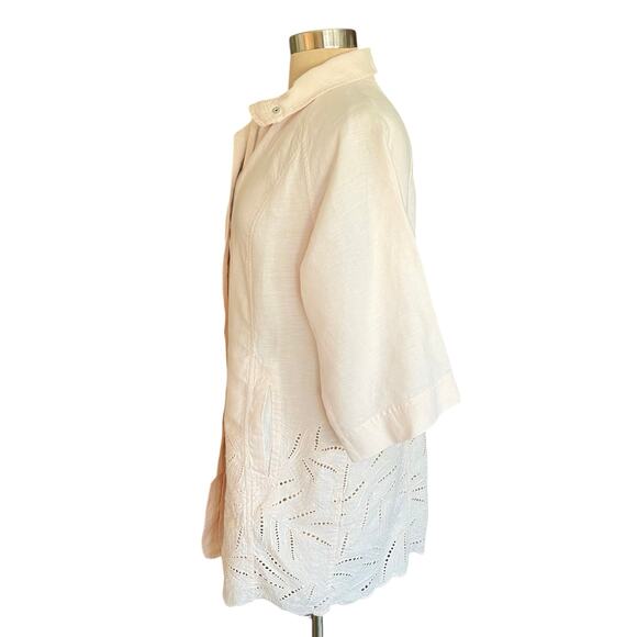 Chico's Pale Peach Linen Duster Jacket Eyelet Detail Sz 12 / LARGE Spring Summer - Picture 3 of 10